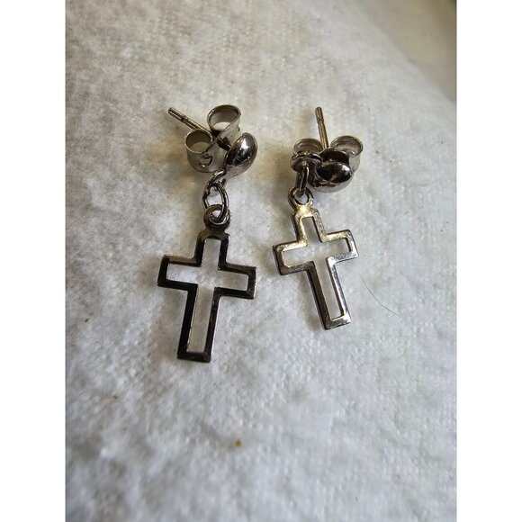 Tiny Short Dangle Outlined Silver Toned Earrings Cross Christian Casual Cute - Picture 1 of 9